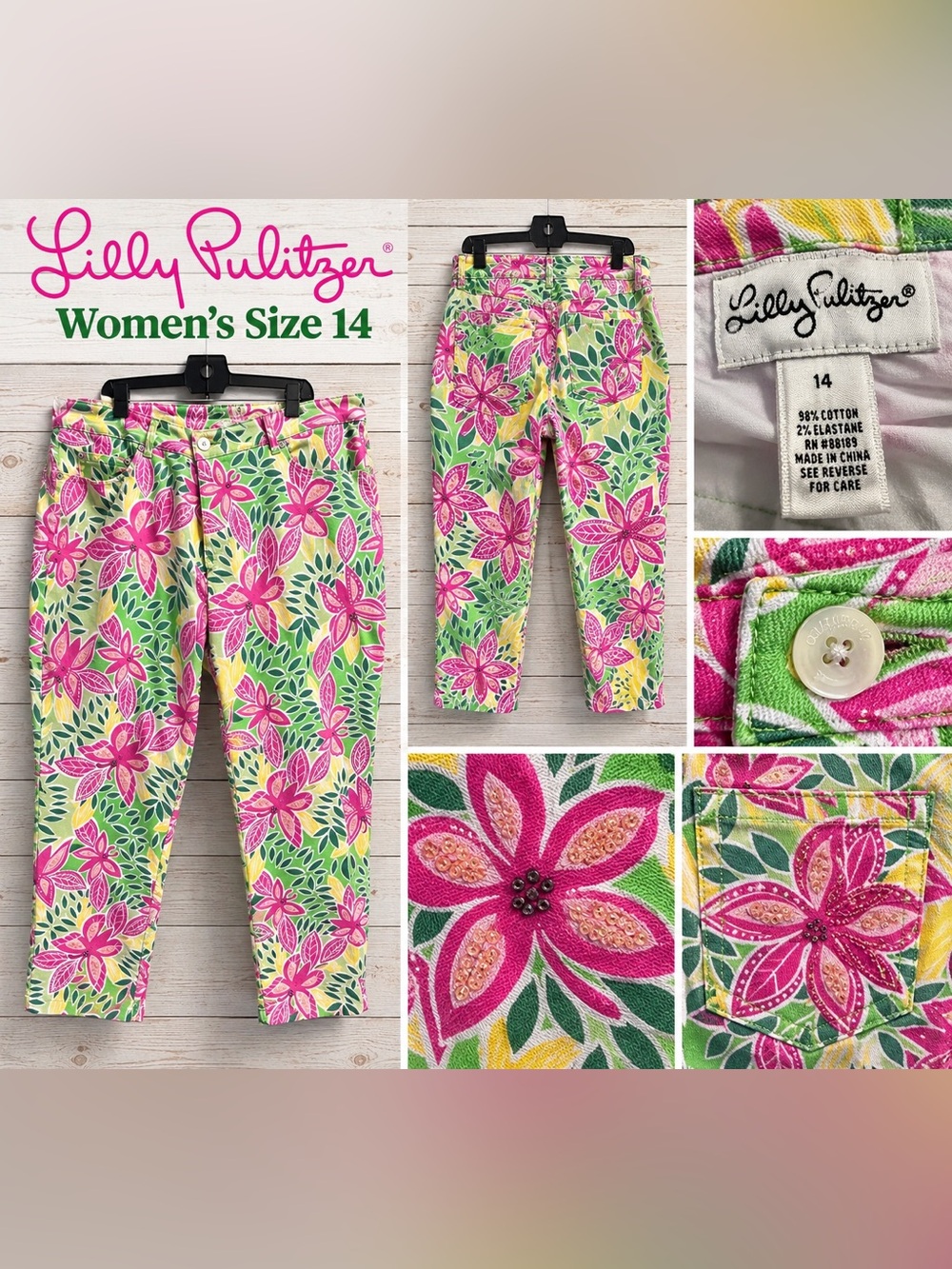 Lilly Pulitzer "Summer Fling" Embellished Crop Floral Pants Size 14